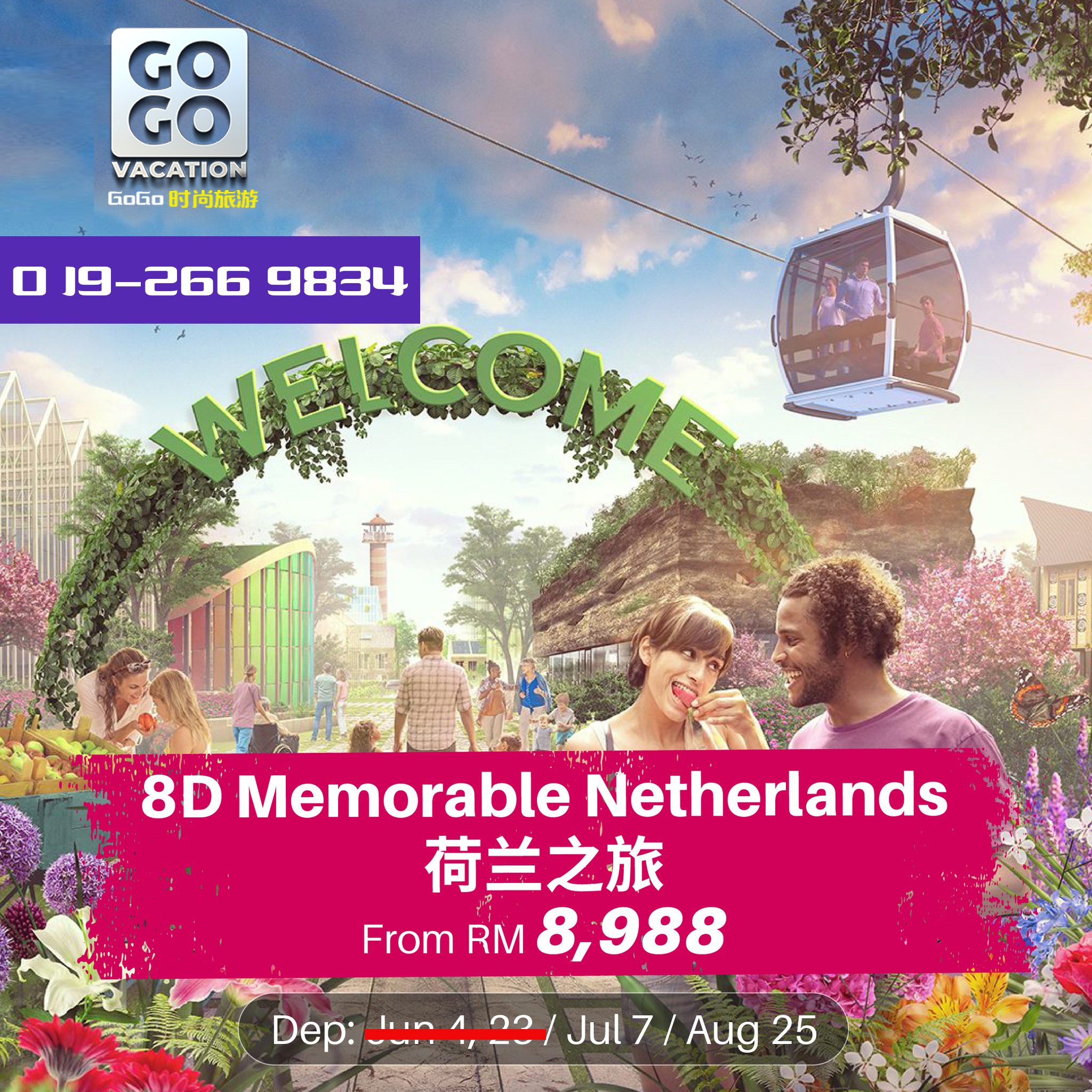 【𝟖𝐃 𝐌𝐞𝐦𝐨𝐫𝐚𝐛𝐥𝐞 𝐍𝐞𝐭𝐡𝐞𝐫𝐥𝐚𝐧𝐝𝐬 荷兰之旅】  Features: 👉🏻Marvel the Kinderdijk Windmills ~ 19 monumental windmills in the Alblasserwaard polder 👉🏻Explore the Hoge Veluwe National Park - one of the largest nature reserves in Holland 👉🏻Visit Kroller Muller Museum ~ the largest private Van Gogh collection museum 👉🏻Experience the Giethoorn canal boat ride with breath-taking scenery in this fairy tale-like village 👉🏻Discover Madurodam ~ a miniature park replica of famous Dutch landmarks (All period excepted the Floriade Expo & Keukenhof period) 👉🏻Explore the Floriade Expo 2022 ~ enjoy the scent and colour of flowers and plants (Period: 14 Apr - 09 Oct 2022) 👉🏻The entrance to Keukenhof Garden will be included during the Keukenhof Season (Period: 24 Mar - 15 May 2022) 👉🏻Enjoy branded shopping at Batavia Stad Fashion Outlet and Gassan Diamond Factory  特色: 👉🏻感觉惊叹于埃尔斯豪特风车群 ~ 19座风车呈现了风车步间的形式 👉🏻探索梵高国家森林公园 ~ 荷兰最大的自然保护区之一 👉🏻克勒勒-米勒博物館 ~ 最大的私人梵高收藏博物馆 👉🏻在童话般的羊角村里享受船游运河和欣赏令人叹为观止的风景 👉🏻探索荷兰著名地标的微缩模型公园 ~ 马德罗丹 (2022 年花卉博览会期间和库肯霍夫期间除外) 👉🏻 2022 年花卉博览会 ~ 享受花草的香气和色彩 (期间：2022年4月14日 - 10月9日) 👉🏻库肯霍夫期间将包含游览库肯霍夫花园 (期间：2022年3月24日 - 5月15日) 👉🏻享受名牌购物乐趣于Batavia Stad 时尚奥特莱斯和迦山钻石工厂。  ********************************************** Please do not hesitate to contact us: 【𝐆𝐨𝐆𝐨 𝐕𝐚𝐜𝐚𝐭𝐢𝐨𝐧™️ 时尚旅游】 ☎️ +6019-266 9834  📲 WhatsApp:👇 +60 19-266 9834   #Netherlands, #Travel #TravelwithGreatDeals #Suggestedforyou, #tourismmalaysia, #tourism, #travelgram, #travelphotography, #photography, #vacation, #tourist, #nature,